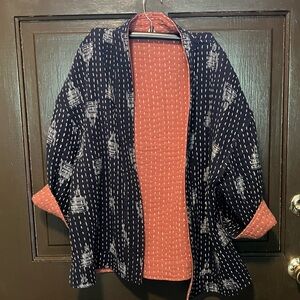 Kimono Reversible Handstitched Kantha Indigo/Rust Quilted Cotton Boho Boro Style